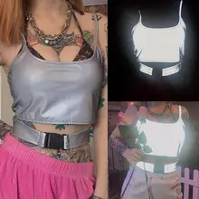 Новая светоотражающая ткань линия цвет полые мешок пряжки короткий жилет отражательная трубка топ женская уличная одежда без рукавов