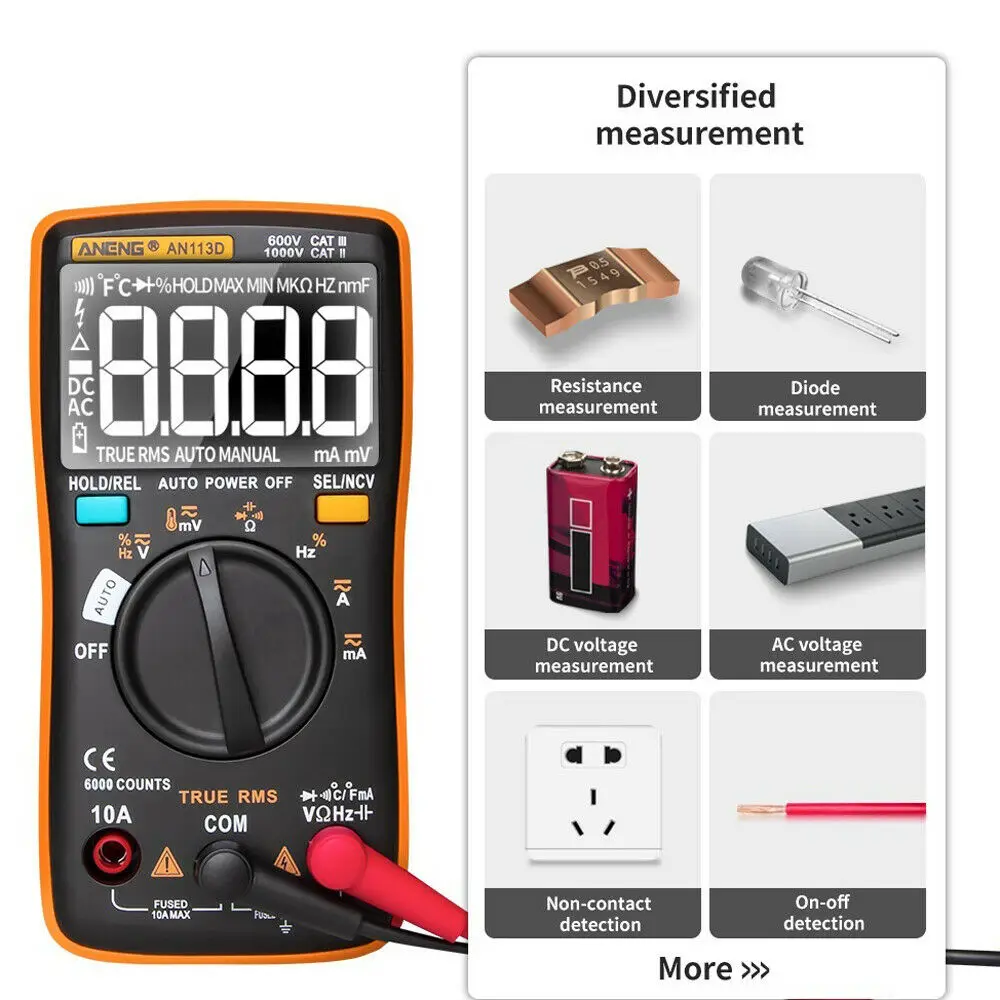 ANENG AN113D AC/DC измеритель напряжения, цифровой мультиметр, 6000 отсчетов, Электрический измеритель, транзистор, тестер температуры, Автоматический диапазон