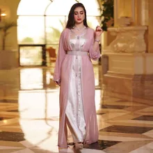 

Diamonds Moroccan Takchita Kaftans Sfifa Braid Chiffon Overdress with Satin Inner Dress Muslim Ethnic Arab Caftan Party Wedding