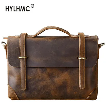 

Men Handbags Messenger Bag Genuine Leather Business Briefcase Shoulder Bags Retro Schoolbag British Style Crazy Horse Leather