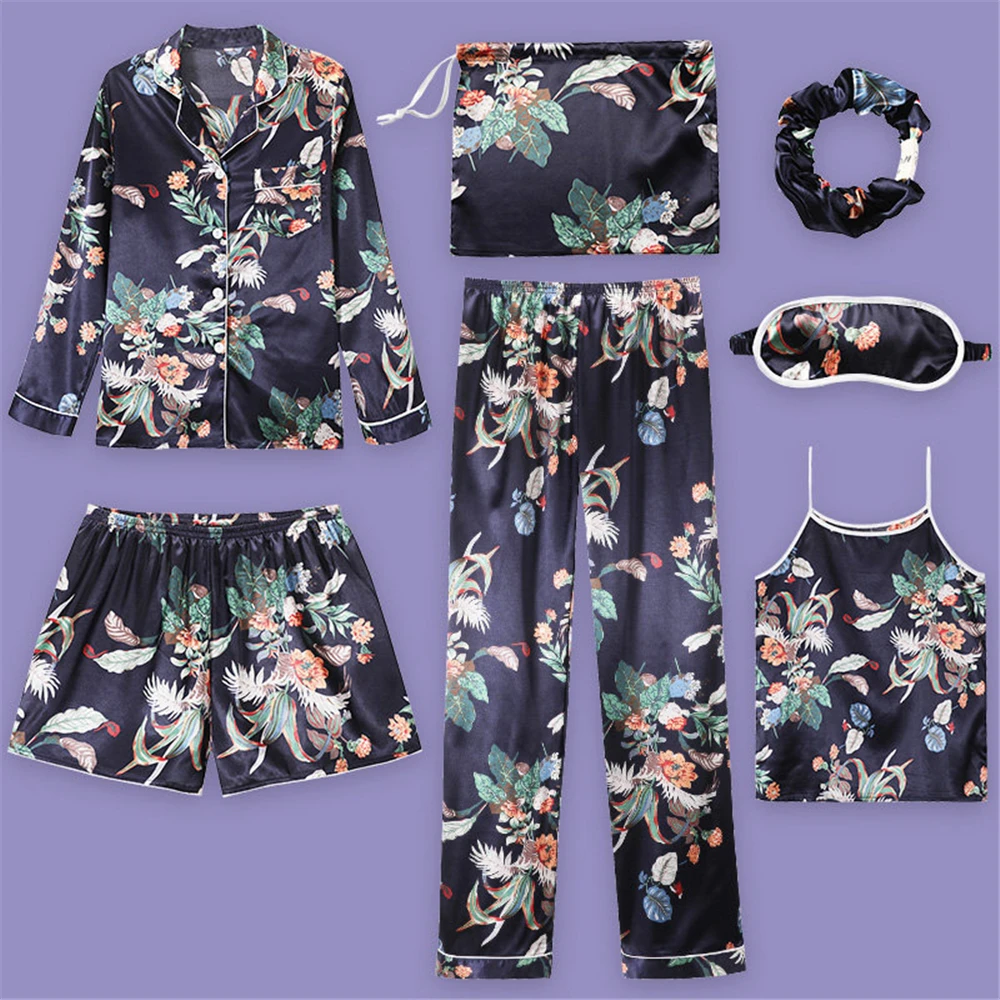 7 пижама женская домашняя одежда шт., женские пижамные комплекты, Свободная Домашняя одежда, атласная длинная рубашка, брюки, одежда для сна - Цвет: Eye mask-H