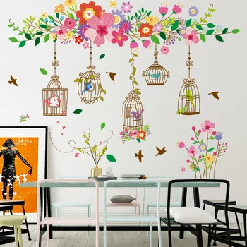 

[shijuekongjian] Flower Wisteria Birdcage Wall Sticker DIY Plant Wall Decals for Living Room Kids Bedroom Kitchen Decoration