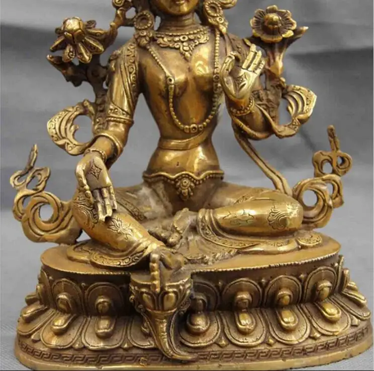 Chinese Folk temple Copper Bronze Green Tara GuanYin Kwan-yin Bodhisattva Statue