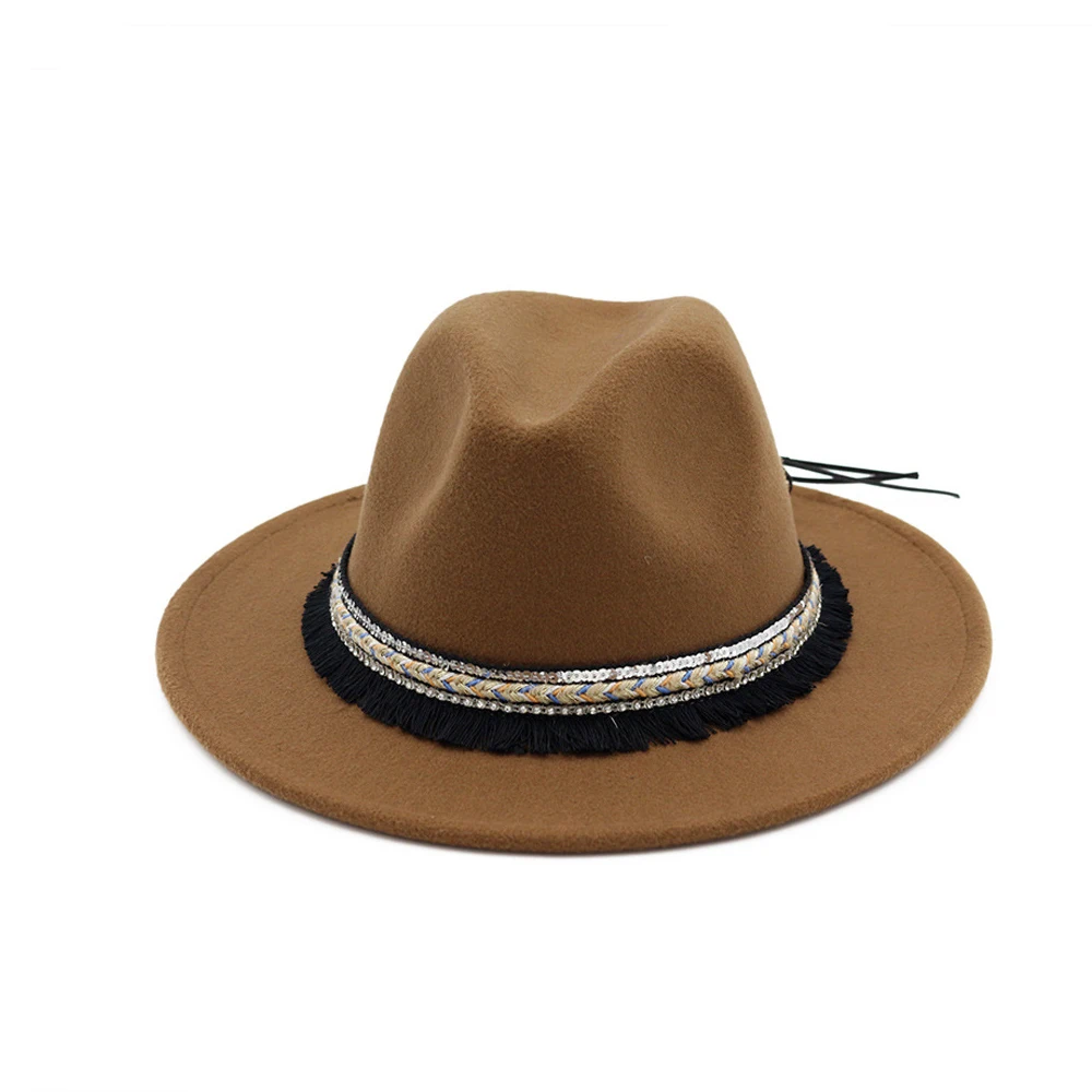 Модная женская шерстяная шляпа Fedora с бахрома на ленте, джазовая шляпа, Элегантная Женская Очаровательная Осенняя широкополая шляпка для церкви, размер 56-58 см