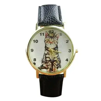 

Women Watch Lovely Cat Arabic Numerals Round Alloy Dial Faux Leather Band Watch Analog Quartz Ladies Wrist Watches reloj mujer