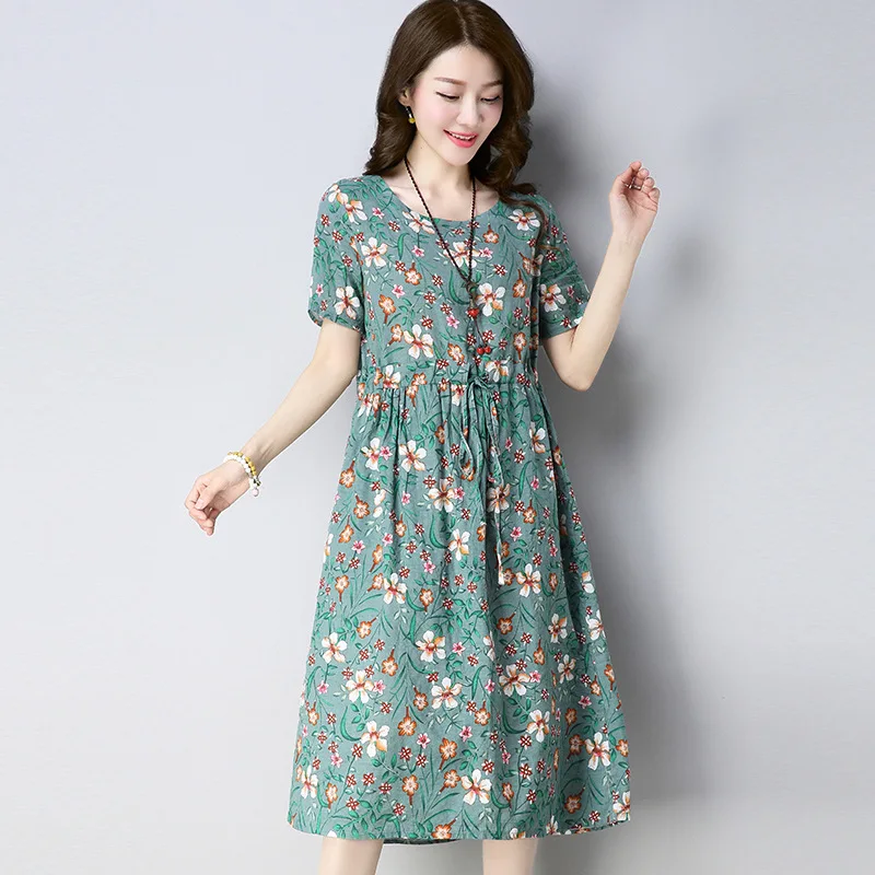

2019 Summer New Style Pastoral Style Large Size Dress Mid-length Crew Neck Ethnic-Style Cotton Linen Short-sleeve Dress Women's