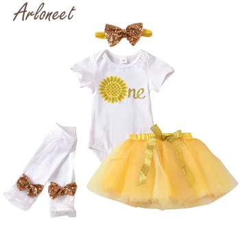 

ARLONEET Clothes Baby Girls Romper Short Sleeve Flower Jumpsuit Bow Headband Baby Tutu Skirt Leg Sets 4PCS Girls Summer Outfits