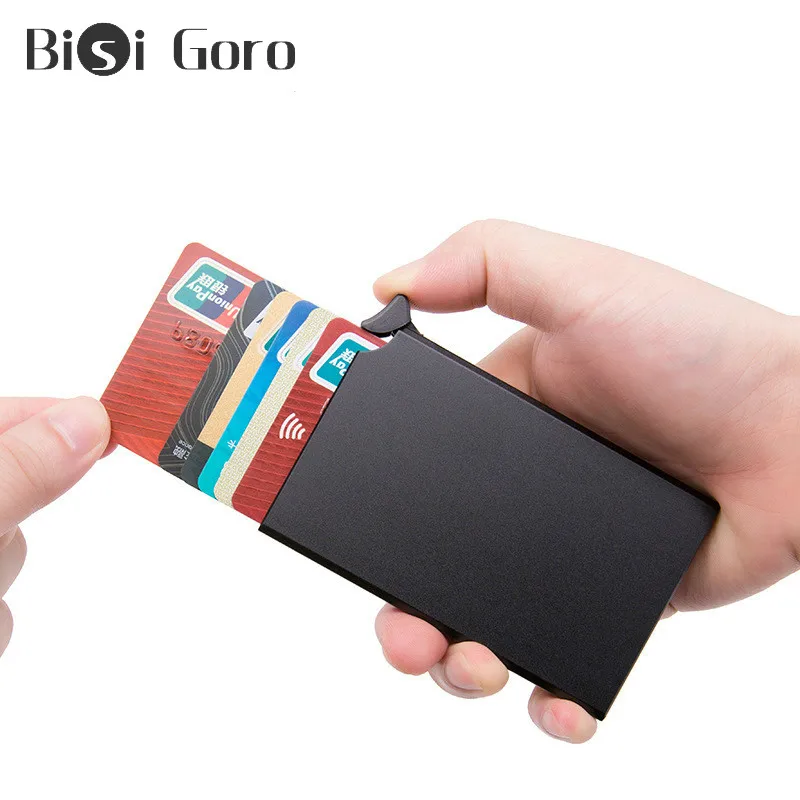 Bisi Goro металлический мужской держатель для Карт Rfid Блокировка металлическая алюминиевая коробка мини кошелек автоматический всплывающий Ультратонкий чехол для ID карты