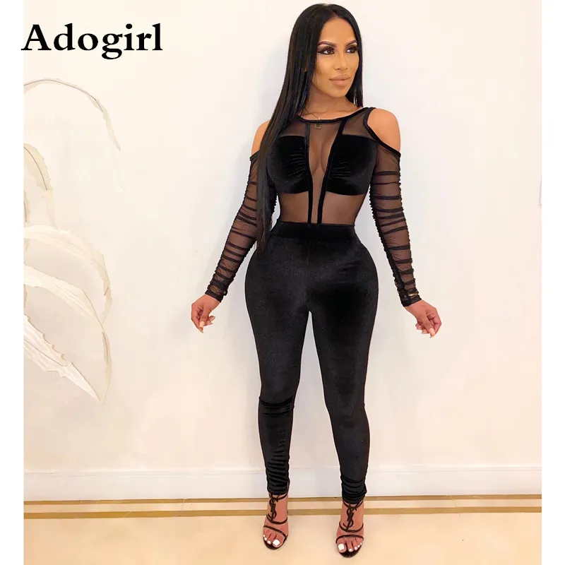 Sexy Sheer Mesh Velvet Patchwork Jumpsuit Women Cold Shoulder Pencil Pants See Through Overalls Plus Size XXL | Женская одежда