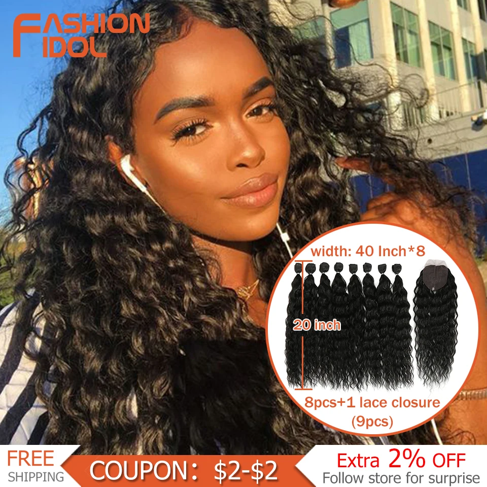 Synthetic Hair Extensions Water Wave Hair Bundles With Closure Ombre Blonde Fake 20 inch High Temperature Fiber 9Pcs/Pack hair extensions