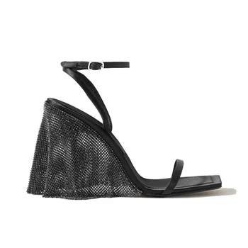 

kmeioo Novelty fringe shoes sexy women party sandals ankle strap high heels glitter jewel thin heels open toe sandals