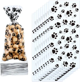 Bolsas de celofán con estampado de pata de Mascota, bolsas de regalo para perros y gatos, sellables con calor, lazos giratorios, suministros para fiestas de cumpleaños y niños, 50 Uds.