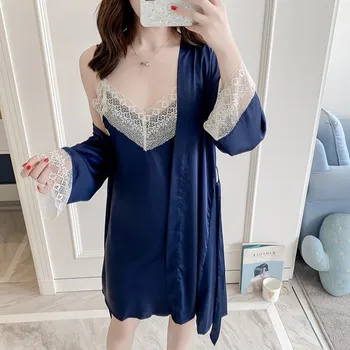 

2pcs Sleepwear Women Night Dress Lace Satin Sleepwear Babydoll Lingerie Nightdress Sexy Femme Bathrobe Lady Gown Set X