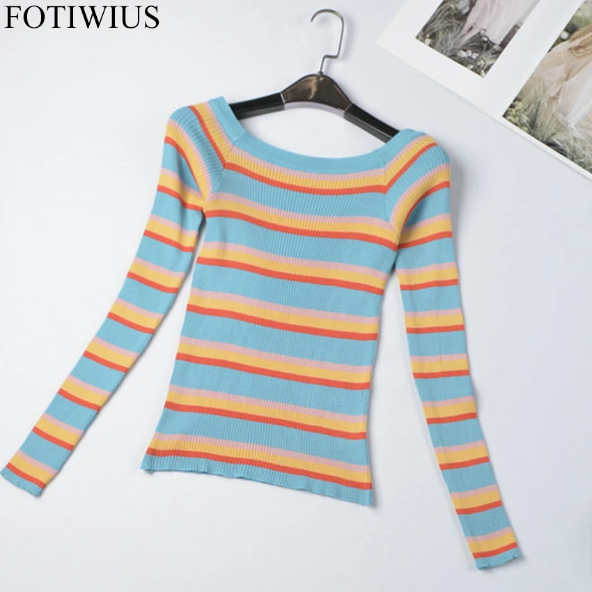 Korean Style Rainbow Striped Knitted Pullover Autumn Winter Thin Sexy Off Shoulder Sweater Women Sweaters And Pullovers Jumper | Женская