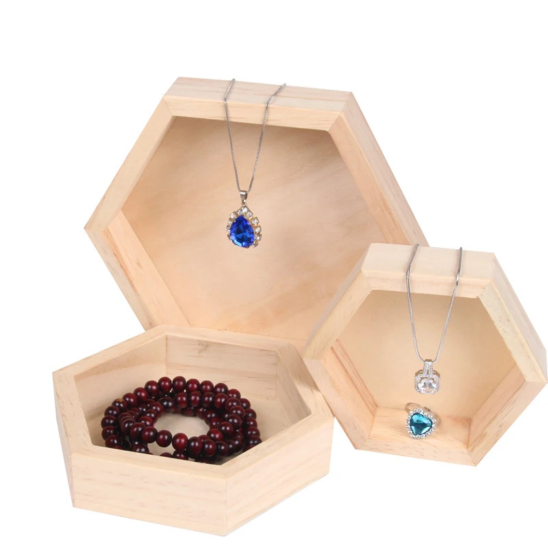 

Hexagon Wooden Ring Earring Storage Cases Organizer Dishes Tray Wood Jewelry Holder Bracelet Necklace Display Tray Plate