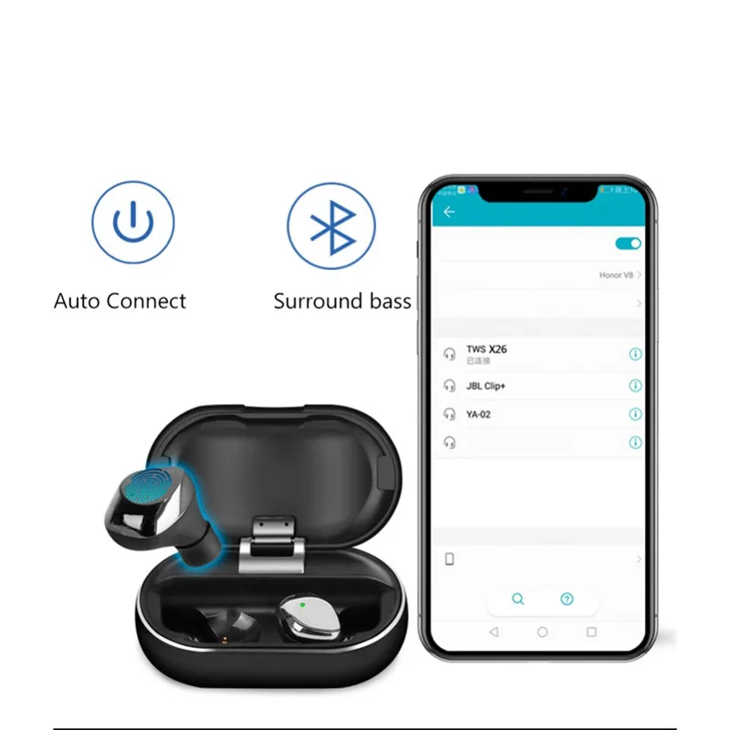 New X26 Tws Bluetooth 5.0 True Wireless Earbuds Smart Waterproof Stereo Hifi Earphone With Charging Case For Iphone