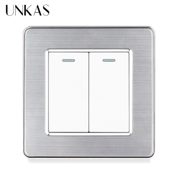 

UNKAS Grey Stainless Steel Panel 2 Gang 1 / 2 Way On / Off Reset Pulse Momentary Contact Push Button Gray Wall Light Switch 16A