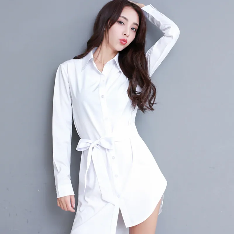 Camisa blanca de manga larga mujer, blusa de longitud media con cinturón Irregular, holgada y fina, estilo Harajuku Vintage, 2021|Blusas y camisas| -