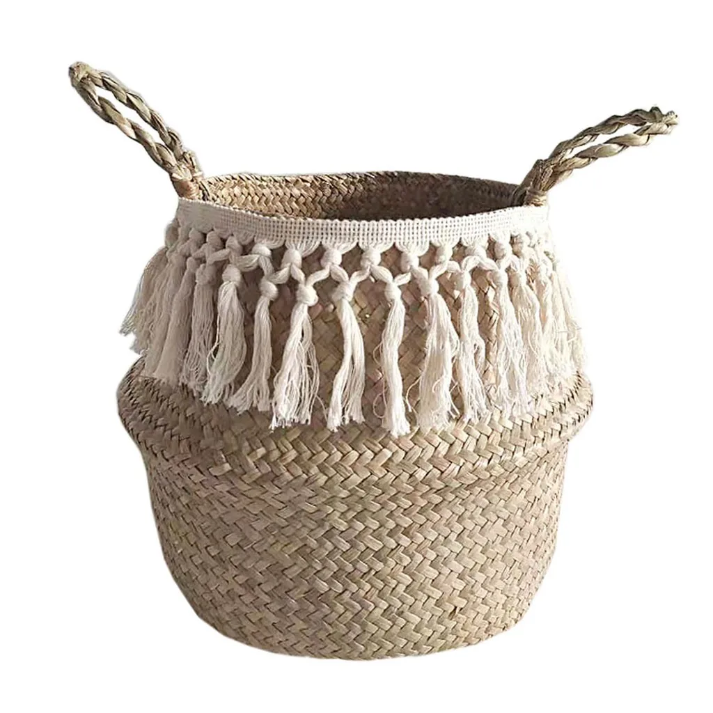 Handmade Storage Baskets Seagrass Wicker Basket Garden Flower Pot Laundry Container Toy Holder With White Tassel | Дом и сад