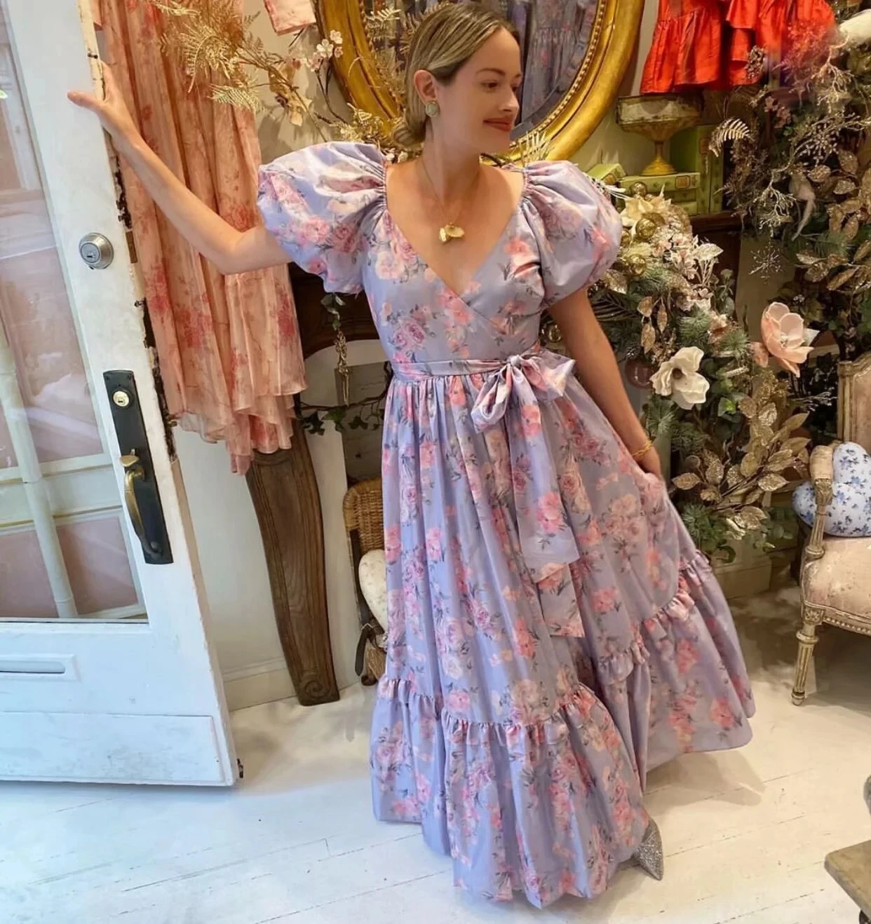 Puff sleeve Womens lavender Maxi Dress 
