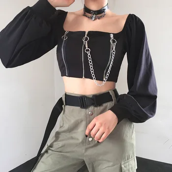 

Solid Color Chain Women T Shirt Crop Tee Square Neck Zipper Lady Pullovers Crop Top Sexy Spring Lady T Shirts
