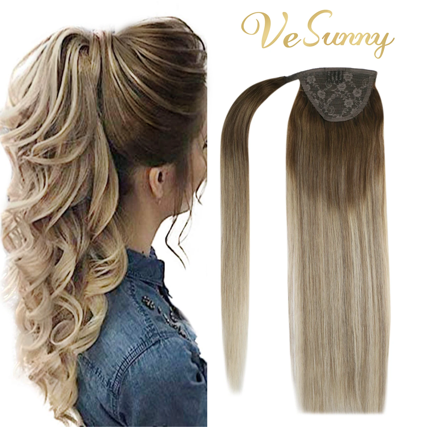 VeSunny-extensiones de cola de caballo para envolver, tape mágico 100% de cabello humano Real, Balayage resaltado, Marrón mix, Rubio #4/14/60