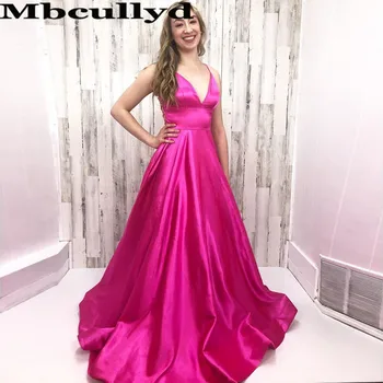 

Mbcullyd Amazing Fuchsia Satin Prom Dresses With Pocket 2020 Long Evening Party Dress Cross Backless Vestidos de fiesta de noche