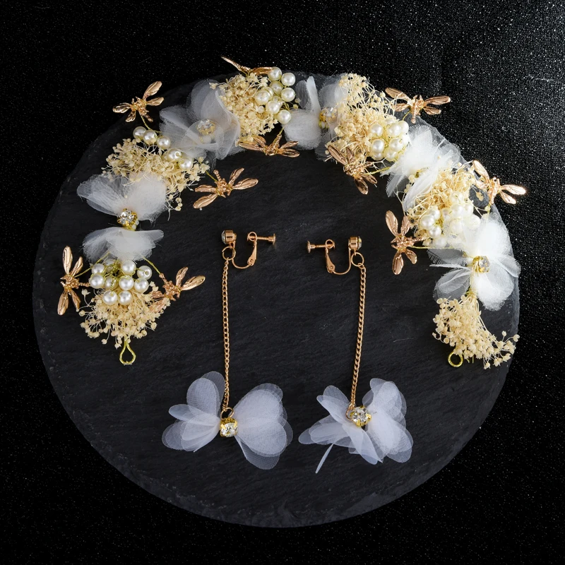 

White/Pink Yarn Flowers Crystal Pearl Bride Headband Wedding With Hanging Earing Hair Jewelry Accessories Bridal Tiara Hairband