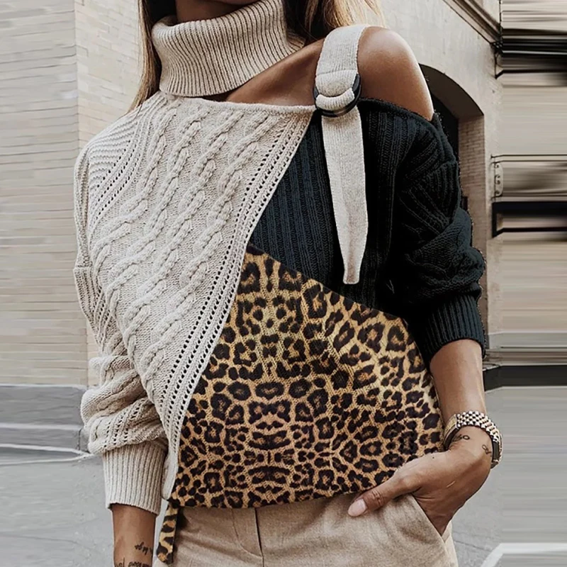 Леопардовый лоскутный вязаный свитер для женщин с открытыми плечами Водолазка Теплые осенние свитера пуловер зимний длинный рукав в полоску ребристые Топы - Цвет: 03 Leopard Black