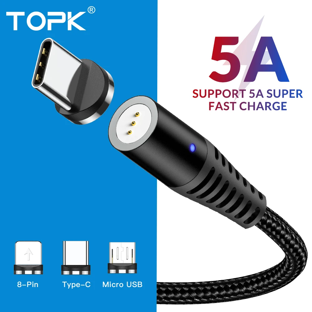 

TOPK 5A Magnetic USB C Cable for iPhone Xiaomi Huawei Micro USB Type C Fast Charging Data Charge Cable Type-C Mobile Phone Cable