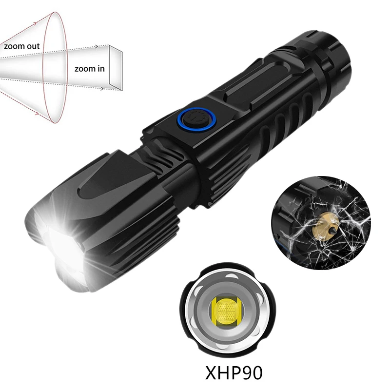 

1600LM Xlamp XHP90 Most Powerful Flashlight XHP90 Tactical Flash Light XHP90 USB Zoom Torch Hunting Use 26650 Safety Hammer