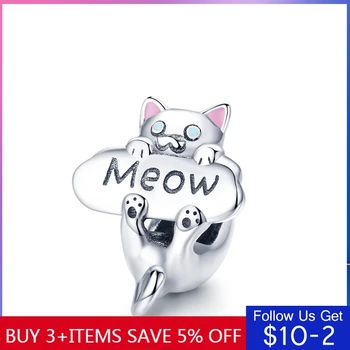 

100% Real 925 Sterling Silver Hot Sale Cute Cat Charm Bead Fit Original 3mm Bracelets Dangle DIY Jewelry Making 874