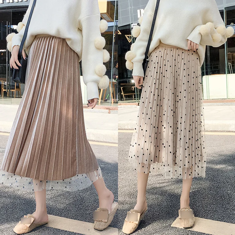 Гофрированные длинные юбки в горошек, бархатная юбка с высокой талией, Женская юбка макси, женские юбки, модная школьная юбка Jupe