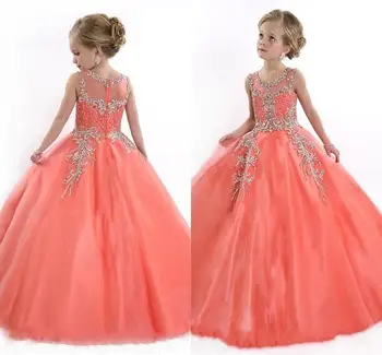 

Customized Little Girls Pageant Dresses Princess Cloth Illusion Jewel Neck Crystal Beads Coral Tulle Kids Flower Girls Dresses