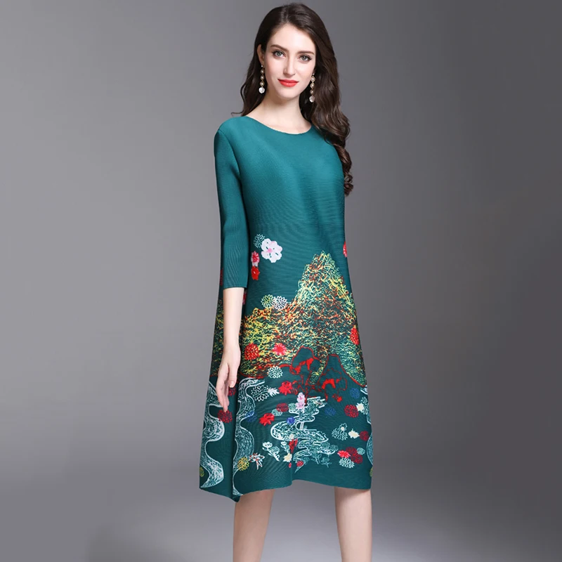 Fashion Tide New Fashion Women Summer Pleated Dress Three Quarter O Neck Floral Print Pullover Elegant Party Dresses NA951