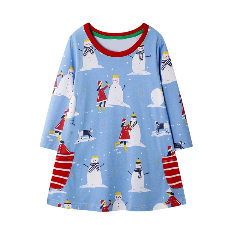 Рождественское платье для маленьких девочек; платья принцессы в полоску с карманами и рисунком снеговика; Лидер продаж года; повседневная одежда в британском стиле для девочек - Цвет: Blue