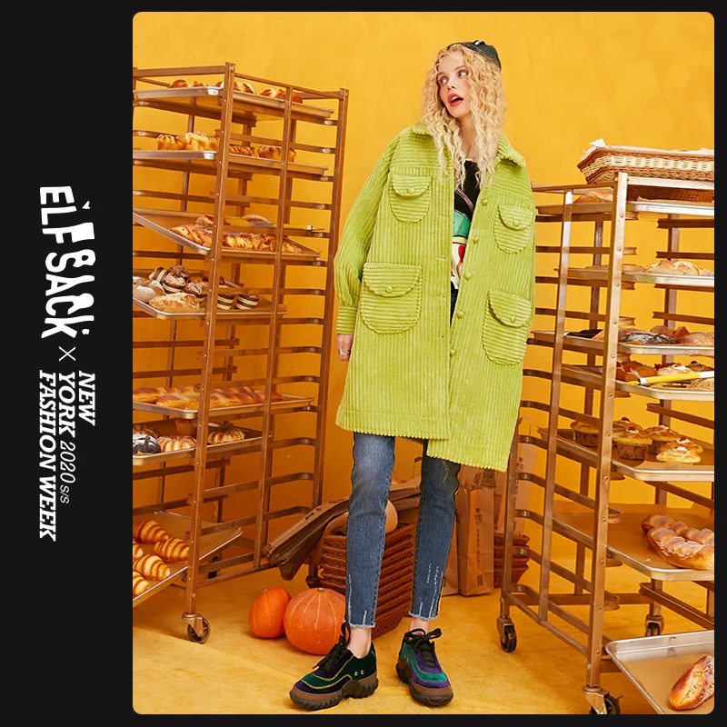 Promo  ELFSACK Green Solid Single Breasted Trench Coat Women 2019 Autumn Winter Special Pocket Bishop Slee