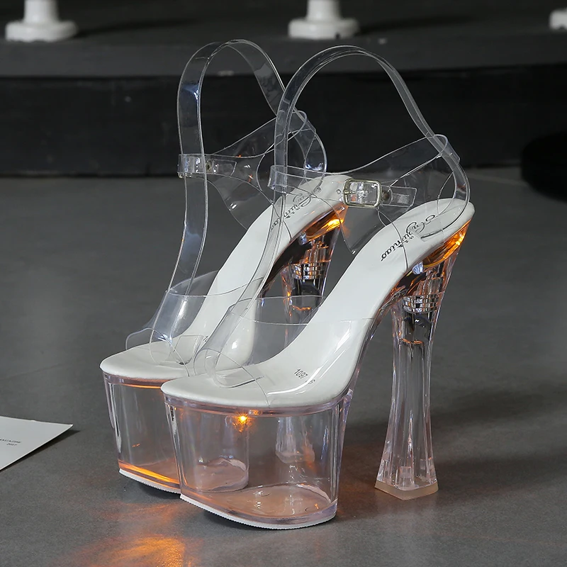 Sandals Clear Heel Multicolor Light emitting PVC Platform Buckle Strap Super High Heels Square Heel Women