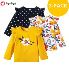 PatPat-Camiseta de manga larga con estampado Floral para niñas, conjuntos de ropa para niños, otoño y primavera, paquete de 3 unidades
