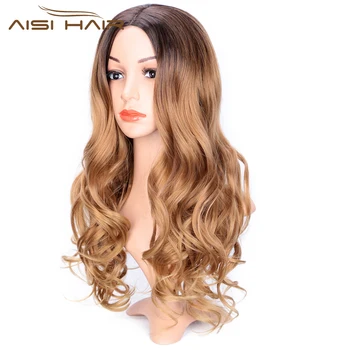 

AISI HAIR 24inches Middle Part Natural Wave Long Wig Ombre Black Blonde Wig Heat Resistant Fiber Synthetic Wigs for Black Women