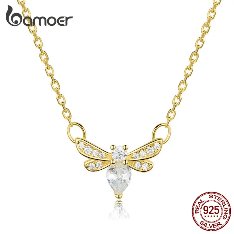 

bamoer Sterling Silver 925 Gold Color Bee Choker Neckalce for Women Clear CZ Statement Jewelry Collier SCN373