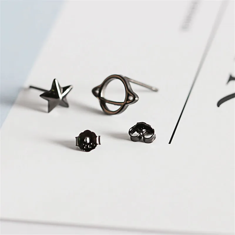 OLOEY Pure 925 Sterling Silver Asymmetry Earrings Cute Black Planet Saturn Star Women Stud Earring Fine Jewelry Gift YME603