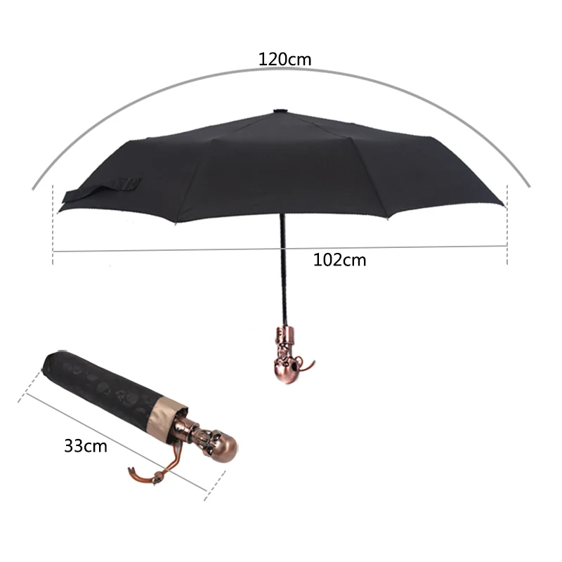 Мужской автоматический зонтик с 3 складками от дождя, Женский креативный мужской ветрозащитный зонтик с ручкой дьявола и черепом, женский зонтик с защитой от УФ-излучения