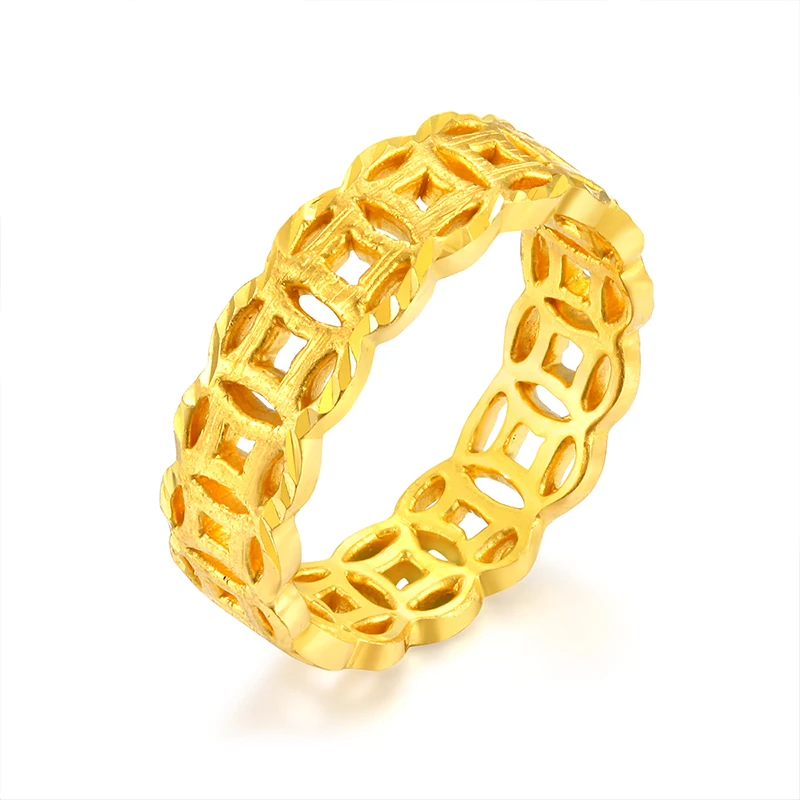 

Pure 24K Yellow Gold Ring Band Women 999 Gold Carved Coin Ring Wedding Band