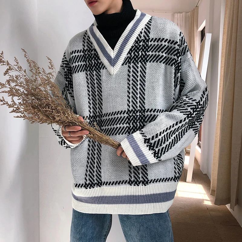 Winter High Collar Sweater Men Warm Fashion Retro Casual Plaid Knit Sweater Man Sweter Loose Clothes Fake Two-piece Pullover Men