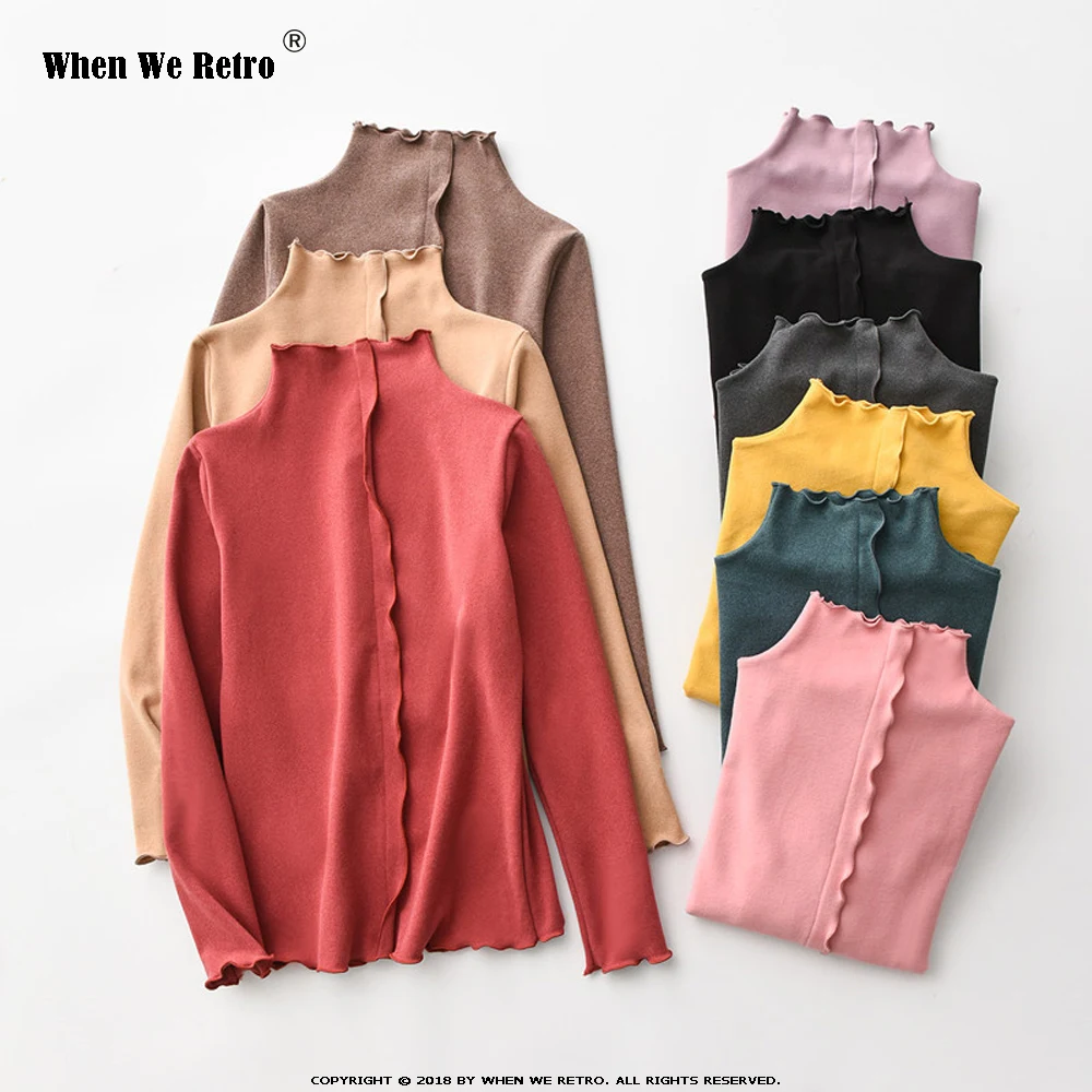 Когда мы ретро Топ с длинным рукавом для женщин плюс бархат дамы оборками повседневные футболки Осень Зима футболки базовые QY0754