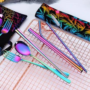

2019new Stainless Steel Cutlery Portable Cutlery Set Chopsticks Spoon Fork Reusable Straw and Portable Dinnerware Bag for Travel