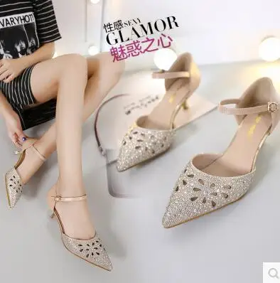

2016 Summer Semi-high Heeled New Style Pointed-Toe Thin Heeled Man-made Diamond Hallow WOMEN'S Sandals