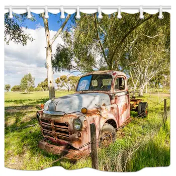 

Vintage Shower Curtain, an Old Rusted Out Abandoned Truck Rests on The Roadside Bath Curtain, Polyester Fabric Bathroom Shower