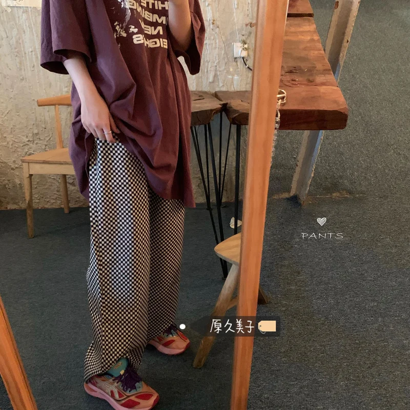 

HOUZHOU Japanese Streetwear Plaid Pants Women Harajuku Checked Trousers High Waist Fashion Checkered Pants for Women Wide Leg